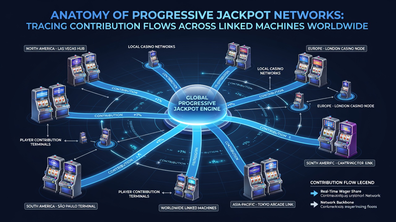 Illustration of global server connections linking progressive jackpot machines in casinos across continents