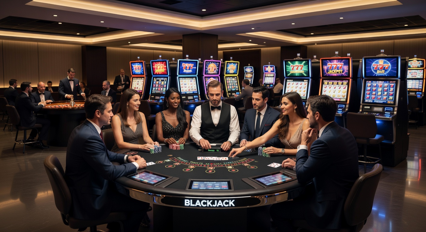 Close-up of a blackjack table with cards dealt, chips stacked, and players focused amid a lively casino atmosphere