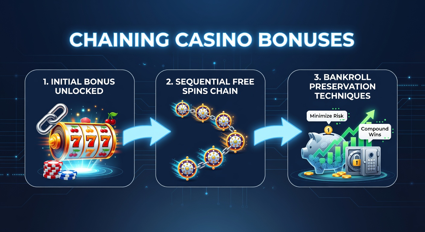 Diagram showing a step-by-step casino bonus chain with free spins flowing into bankroll preservation across multiple casino promotions