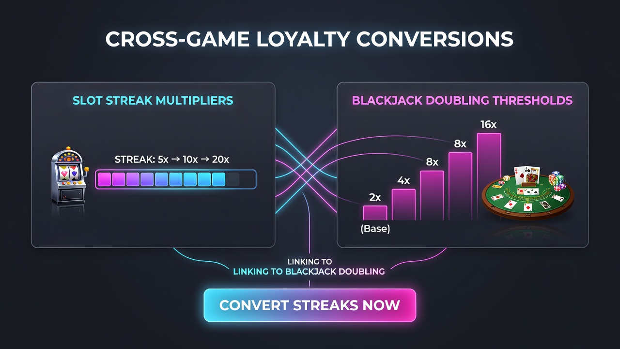 Diagram showing how slot streak data converts into blackjack doubling options within a unified reward platform
