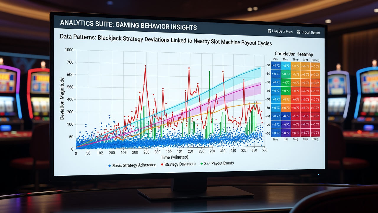 Data visualization charts displaying overlapping timelines of blackjack deviations and slot payout percentages