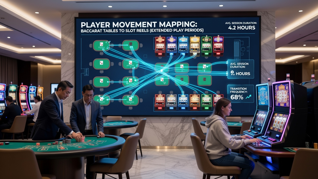 Heatmap overlay of player paths between baccarat area and slot machines during a six-hour observation window
