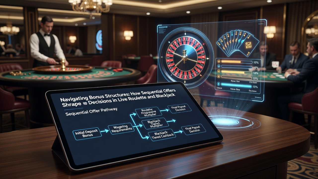 Blackjack dealer at a live table with sequential bonus progress indicators displayed