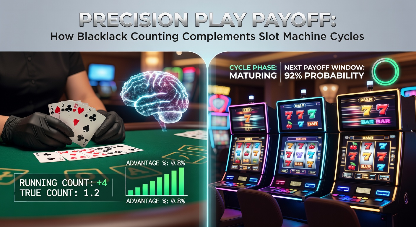 Close-up of a player's hand placing chips on a blackjack bet next to a slot lever pull, symbolizing the transition between counting precision and slot cycle timing