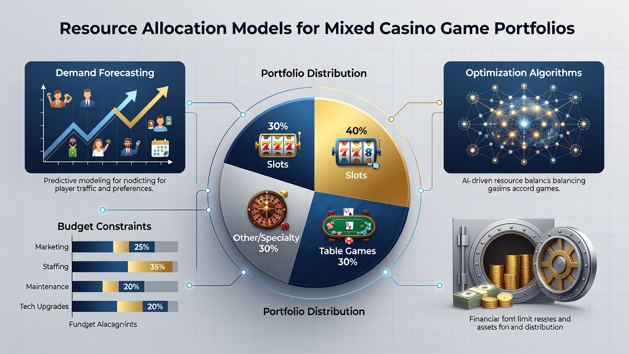 Analytical dashboard displaying allocation metrics for casino game portfolios including bankroll distribution and staffing schedules