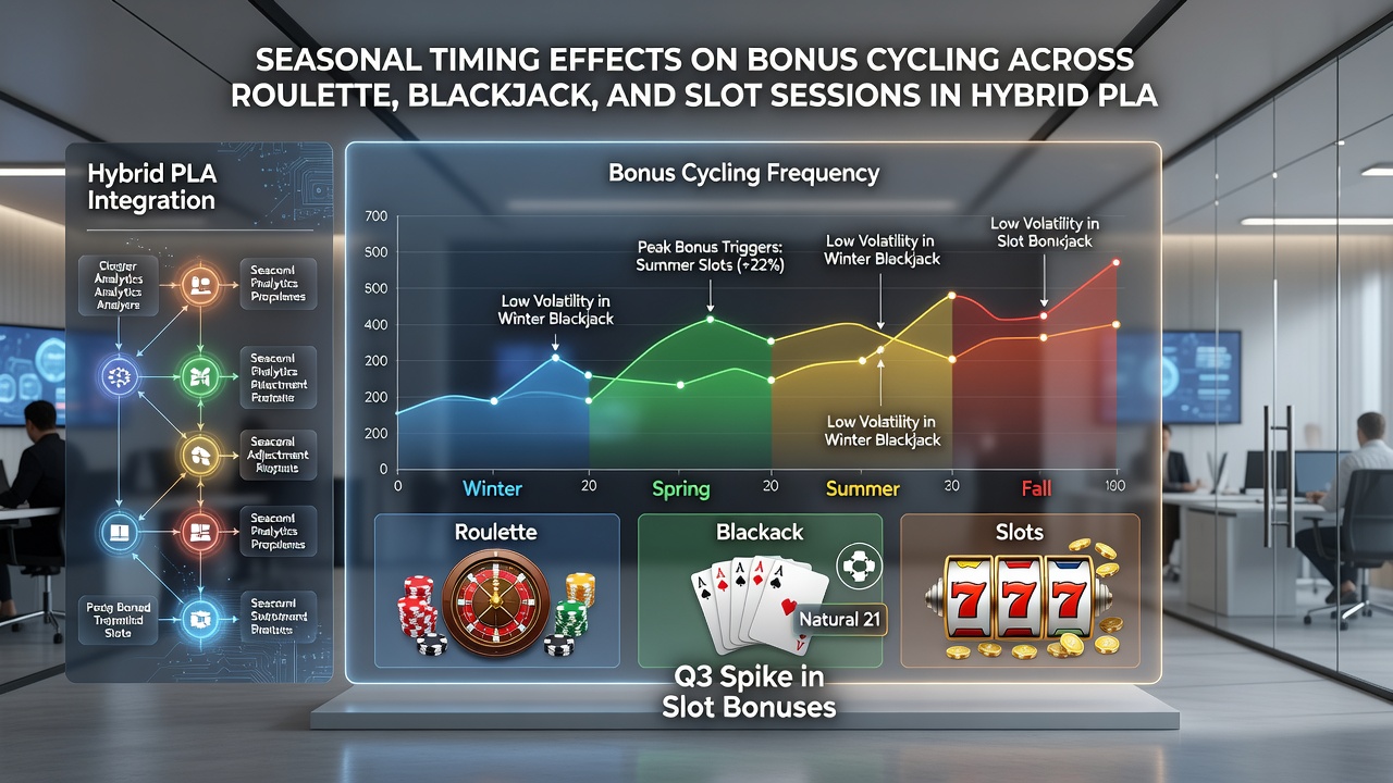 Chart showing summer versus winter bonus cycling rates for roulette, blackjack, and slots in hybrid environments