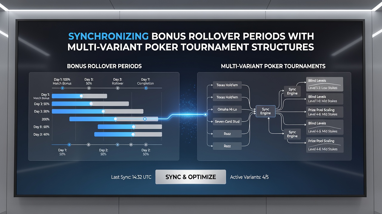 Screenshot of a poker platform interface displaying bonus rollover countdowns matched to different tournament variants and schedules