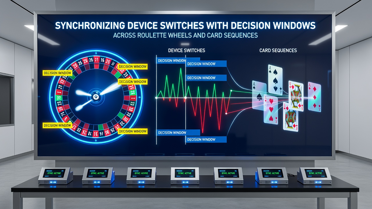 Close-up view of synchronized device interfaces monitoring card sequences and roulette wheel sensors