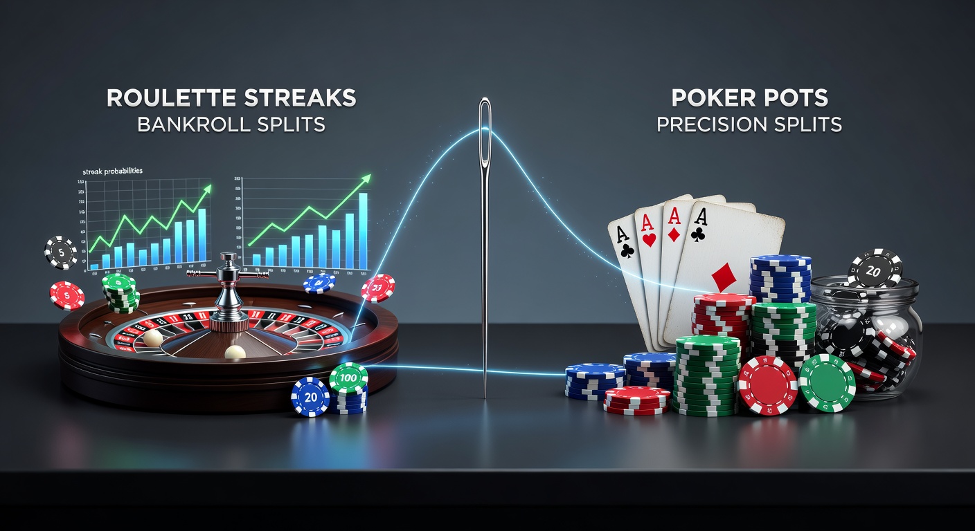 Close-up diagram showing mathematical formulas for bankroll splits, with roulette streak charts alongside poker pot equity graphs