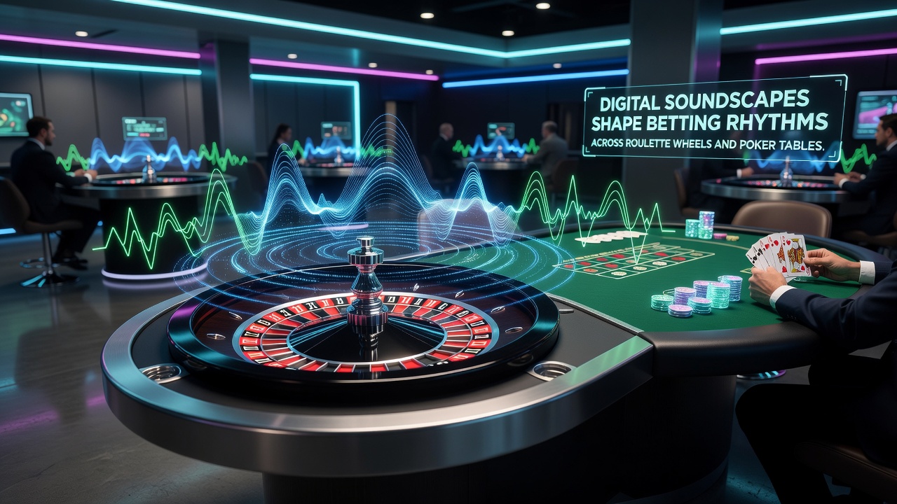Close-up view of digital poker table interface showing synchronized sound wave patterns and betting controls